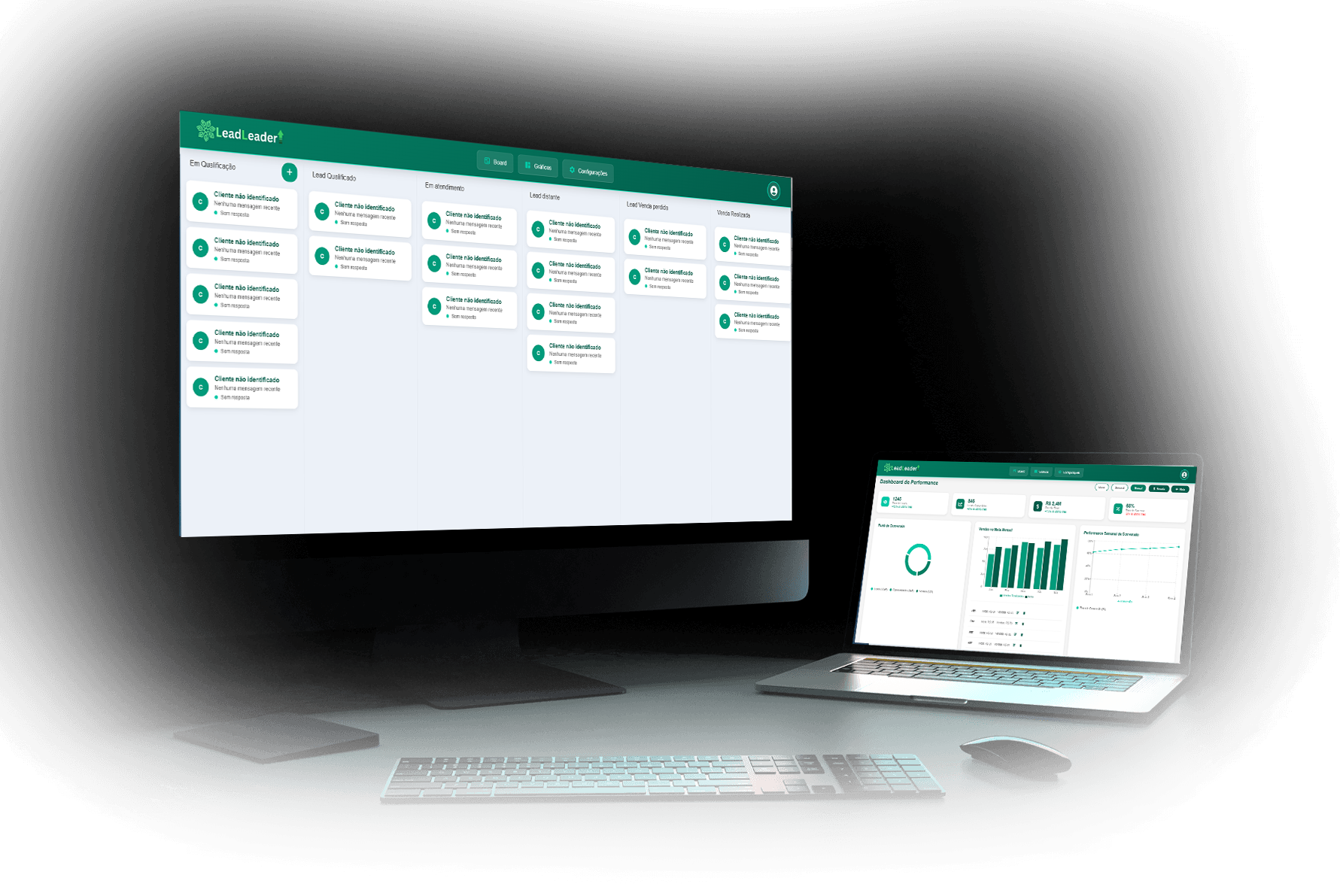Computador e tablet mostrnado telas do sistema LeadLeader